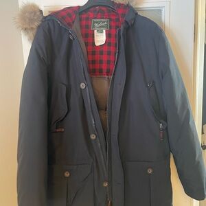 Woolrich Men's Dark Gray Puffer with Red Plaid Lining